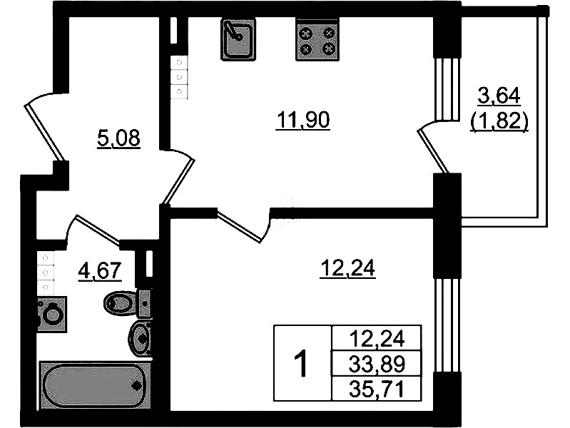 1-комнатная квартира 35.71 м², 4/4 эт., ЖК «Новая история»